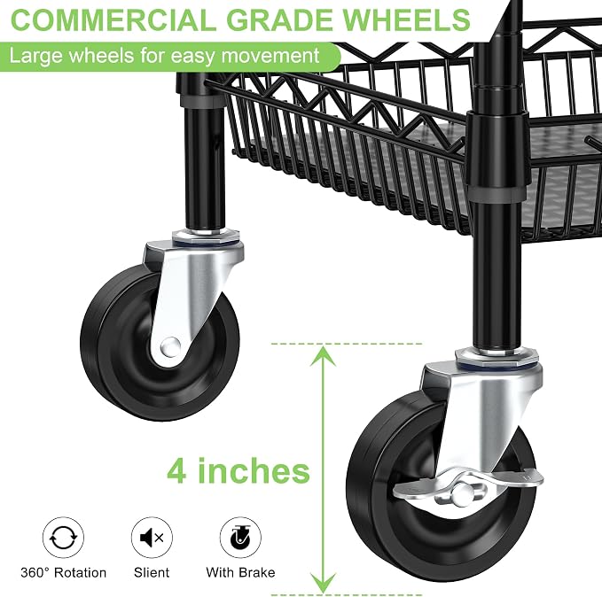 1050Lbs Heavy Duty Utility Cart with Wheels 3 Tier Rolling Metal Cart, Commercial Grade Storage Cart with Handle Bar & Shelf Liner, Trolley Wire Serving Cart for Garage, Kitchen, Restaurant