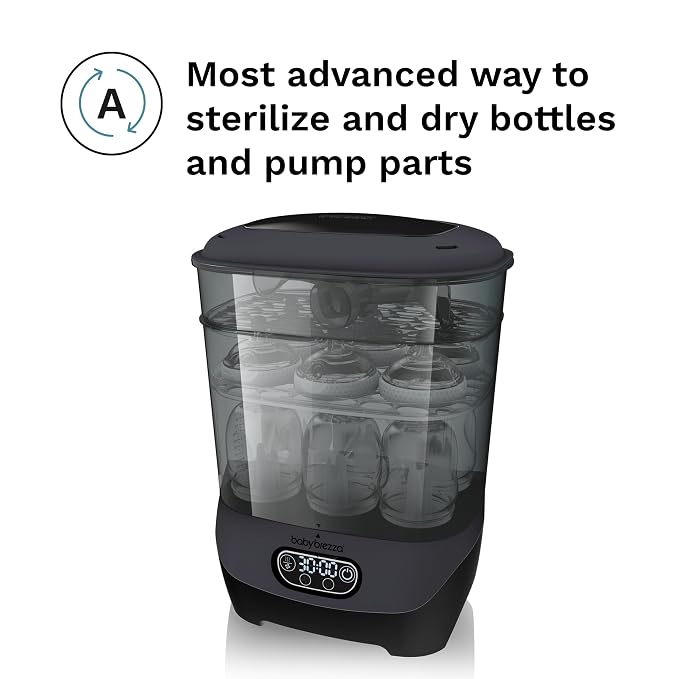 Baby Brezza Bottle Sterilizer and Dryer Advanced – 33% Faster - Largest Capacity Steam Sanitizer - Universal Sterilization Machine for All Bottles + Pump Parts - HEPA Air Filter, Charcoal
