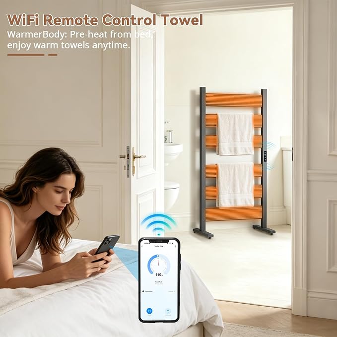 Towel Warmers for Bathroom, WiFi Freestanding & Wall Mounted Electric Heated Towel Rack, 6 Flat Bars, Aluminum, Timer & Temperature Control, Large Heating Surface, Black