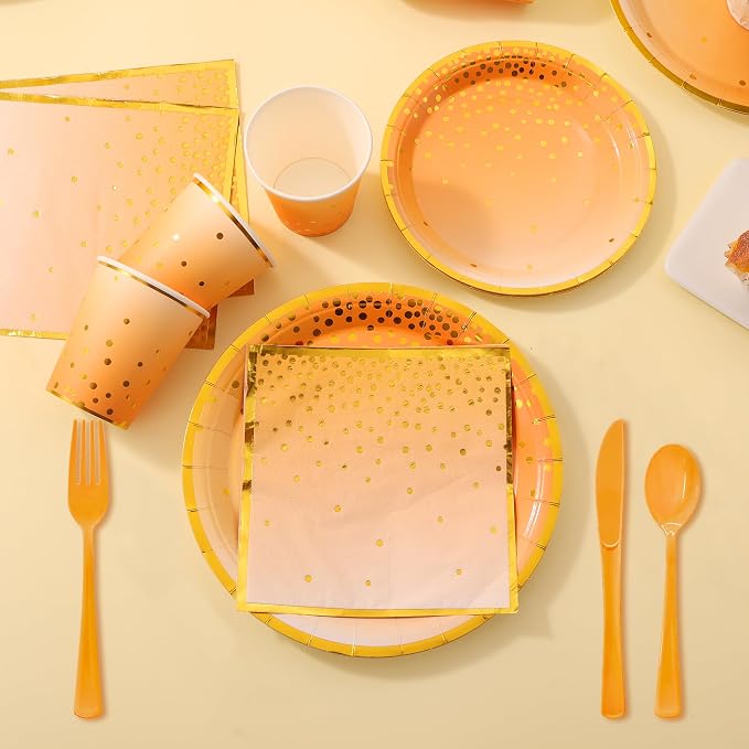 175PCS Orange Party Supplies, Fall Paper Plates and Napkins, Orange Paper Plates for Birthday, Fall Party Decorations, Thanksgiving Day, Serve 25 Guests