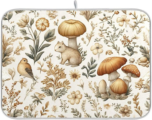 Watercolor Mushrooms Dish Drying Mat Absorbent Kitchen Pads for Counter Kitchen Dish Dryer 16 x 18 Mat under Dish Drainer