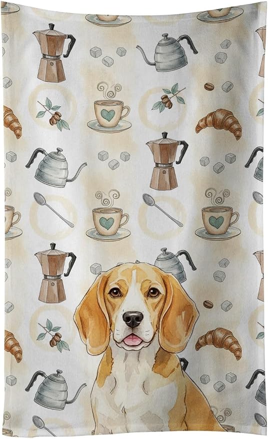 Caroline's Treasures Lemon and White Beagle Coffee Bar Kitchen Towel Velour Plush Front and Cotton Loop Back Machine Washable