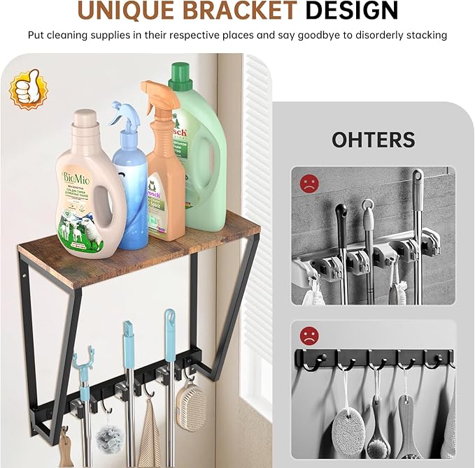 Broom Holder Wall Mount, Heavy Duty Broom & Mop Organizer Wall Hanging for Laundry Room Organization, Garage Storage & Home Improvement, Multi-Layer Iron & Wood Shelving with Hooks