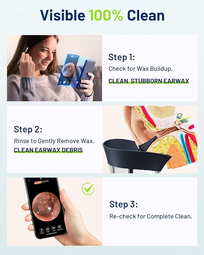 KAUGIC Ear Wax Removal - One-Hand Manual Ear Cleaner with Camera, 7 PCS Ear Spoons, Safe Ear Irrigation Kit for Adults (Blue)