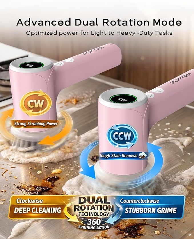 PUFTEM Upgraded Electric Spin Scrubber, Powerful Cordless Shower Scrubber with 4500mAh Large Battery & Speed Display, 6 Replaceable Brush Heads, Cleaning Brush for Bathroom Tile Tub Floor (Pink)