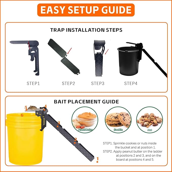 Walk The Plank Bucket Mouse Trap, Humane Auto Reset Rat Trap 5 Gallon, Reusable No Kill Multi-Catch Live Trap for Indoor Outdoor Mice Control, 1 Pack