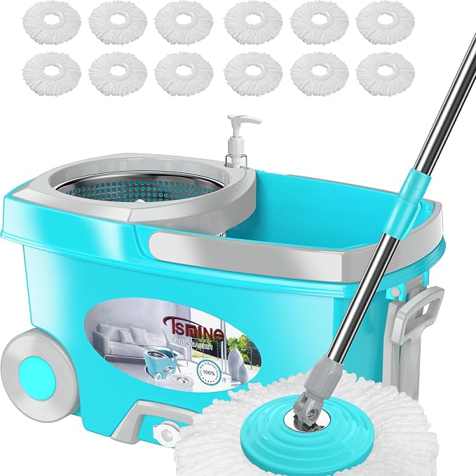 FunClean Spin Mop and Bucket,Mop and Bucket with Wringer Set for Home,360 Spinning Mopping Floor Cleaning Tool with 12 Microfiber Replacement Head Refills,61" Extended Handle, 2X Wheel - Blue