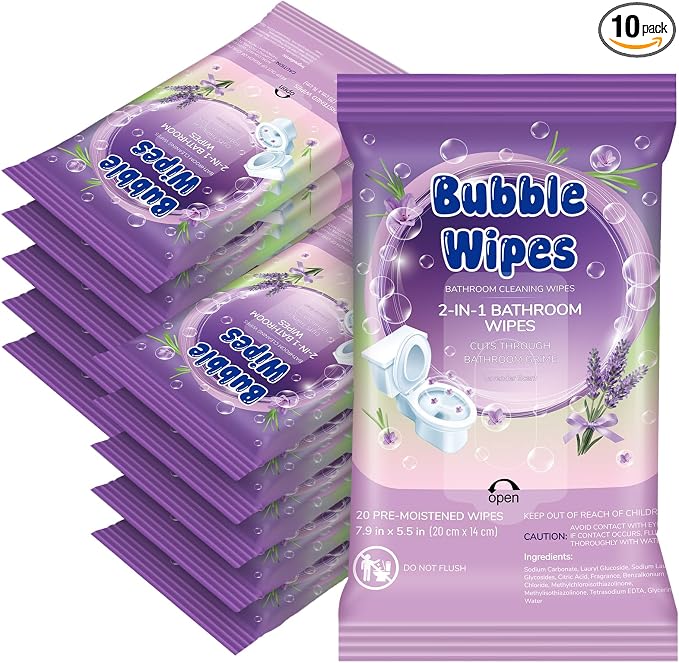 10 Pack Lavender Scent Bathroom Cleaning Wipes 200 Count 2-in-1 Wipes Cleaner for Bathroom Toilet, Sink, Tile & Shower -reusable Sealable Pouch, No Scrubbing Needed