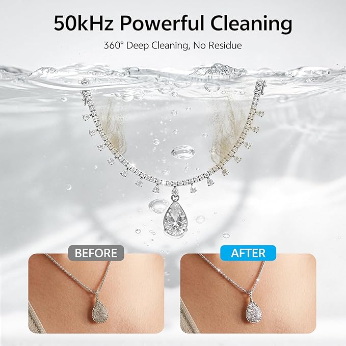 Ultrasonic Jewelry Cleaner, 50kHz Ultrasonic Cleaner Machine for Jewelry, Eyeglasses, Rings, Watch Straps, Toothbrush Heads, Dentures, Retainers, 5 Timers Cleaning Mode, 420ml 304 Stainless Steel Tank