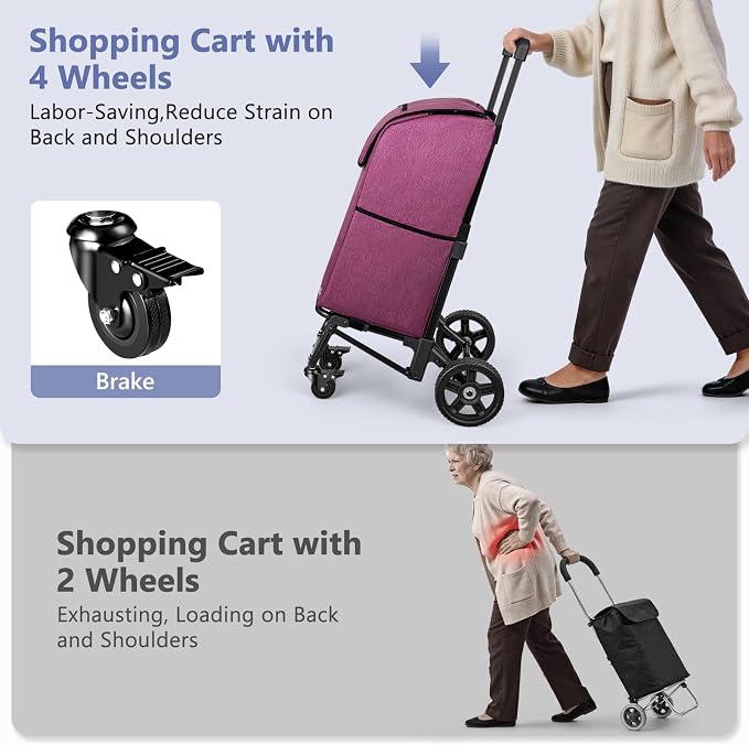 KEDSUM 3 in 1 Shopping Cart with Wheels, 60L/250LBS Multi Use Grocery Cart with 7" Big Wheels & Removable Waterproof Bag, Personal Shopping Carts for Groceries, Telescoping Handle & Thickened Steel