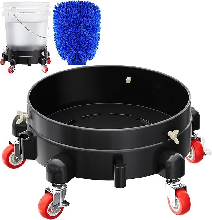 Heavy Duty 5 Gallon Bucket Dolly with 5 Swivel Casters, Anti-Tipping Rolling Water Bucket Stand for Car Detailing & Washing, 310 lbs Capacity, Includes Premium Microfiber Wash Mitt, Black
