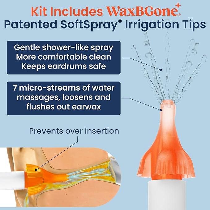 WaxBGone Ear Wax Removal Kit with SoftSpray Irrigation Tips, 4X High Output Sprayer & Ear Basin - Safe, Fast, Gentle Ear Cleaning Kit for Adults & Kids at Home - Premium Kit with Otoscope + Ear Drops