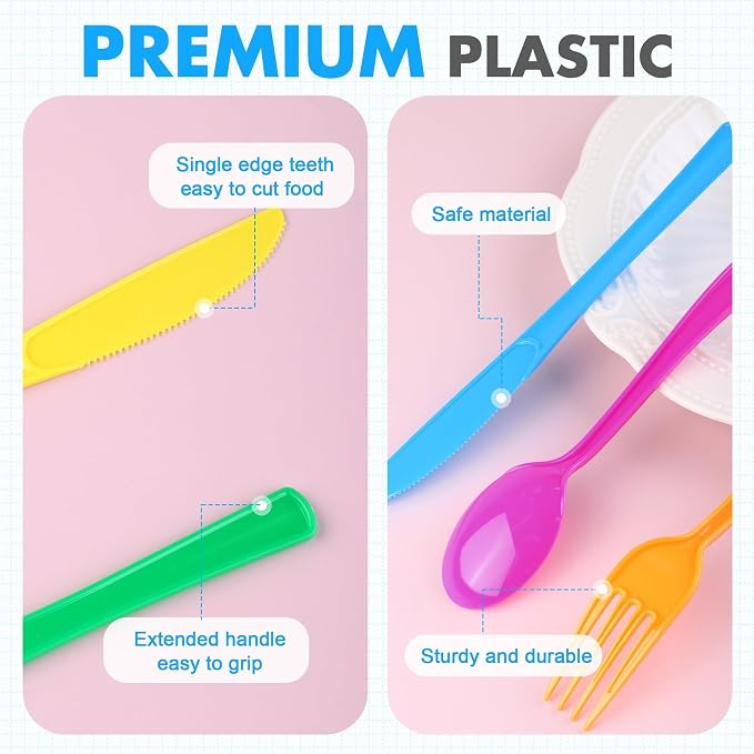 Kochorie 300 Pieces Graduation Rainbow Plastic Silverware, Disposable Colorful Utensils, Neon Plastic Silverware Cutlery Set Heavyweight Flatware Includes Spoons Forks Knives for Birthday Party Dinner