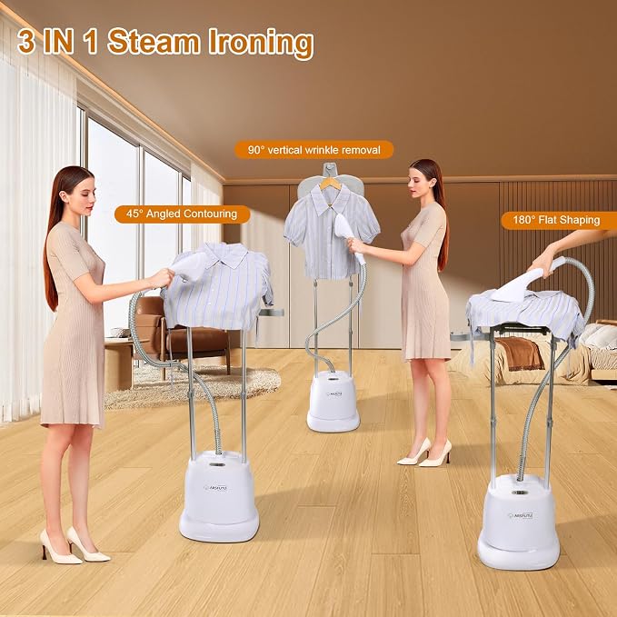 Professional Standing Garment Steamer for Home & Commercial Use | Adjustable Ironing Board, LCD Display, Dual Bar, 1500W, Fabric Brush, Fast Heating, Digital