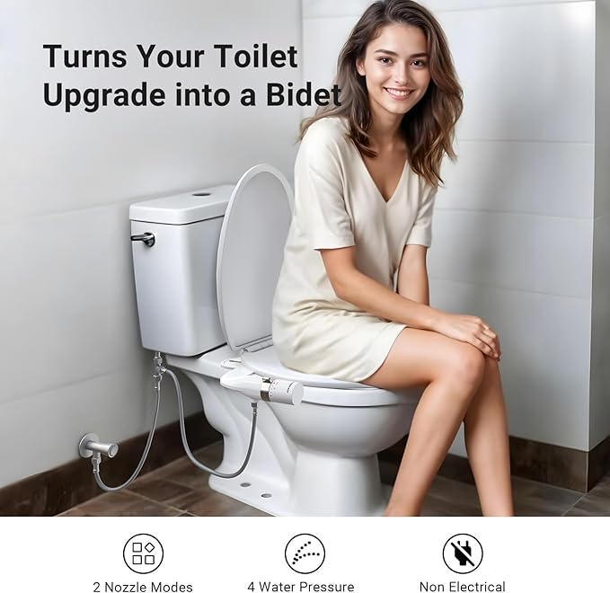 WATERLACE Bidet Attachment for Toilet Seat Sprayer - Non Electric Dual Nozzle with Cold Water - Self Cleaning Toilets Bathroom Spray for Butt Wash - Easy Slim Adjustable Pressure Control Rv Bidets