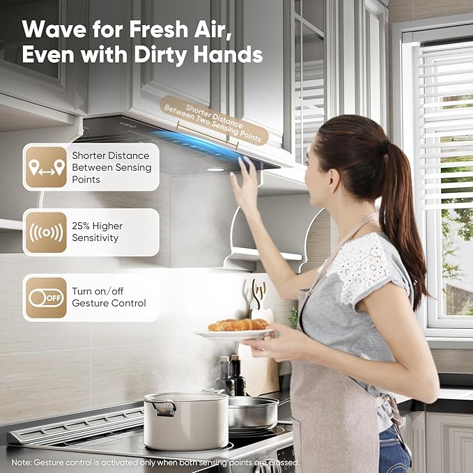 VIKIO HOME Black Built-in/Insert Range Hood 36 Inch, 980 CFM Hood Vent for Kitchen, Ducted/Ductless Convertible Duct, Stainless Steel Kitchen Vent Hood with Gesture & Touch Control, 3 Baffle Filters
