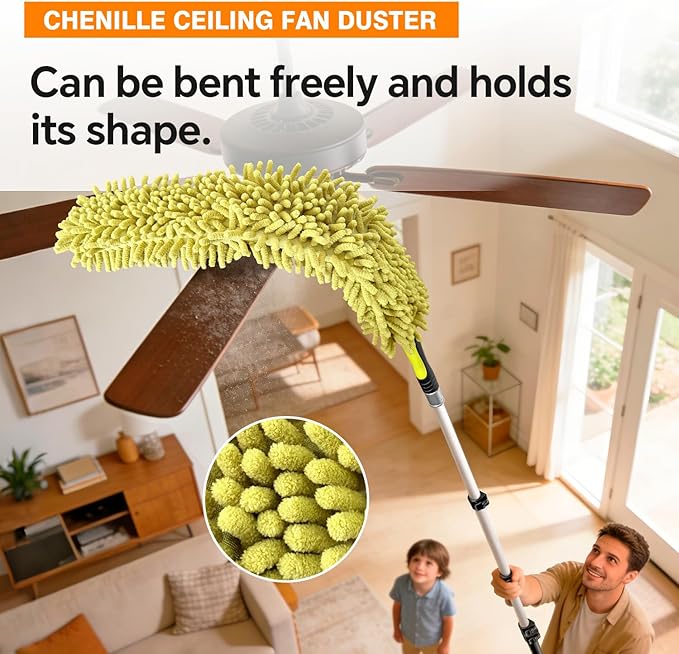 ARTIPOLY 20Ft Telescoping Extension Pole Kit, 5-in-1 High Reach Duster with Chenille Window Squeegee Microfiber Feather & Cobweb Duster for Ceiling Wall Hard-to-Reach Indoor & Outdoor Cleaning Yellow