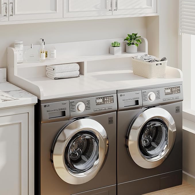 2-Tier Washer Dryer Countertop with 2.75"H Edge Rails, 54" W x 27.55" D Laundry Countertop for Folding Clothes, Washer and Dryer Topper with Non-Slip Pad (White)