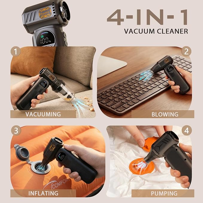 Compressed Air Duster,150000RPM Powerful Brushless Motor Electric Air Duster, Infinite Speed & Fast Charging, Rechargeable Cordless Air Blower with Vacuum Function for PC Keyboard, Car & Home – Black
