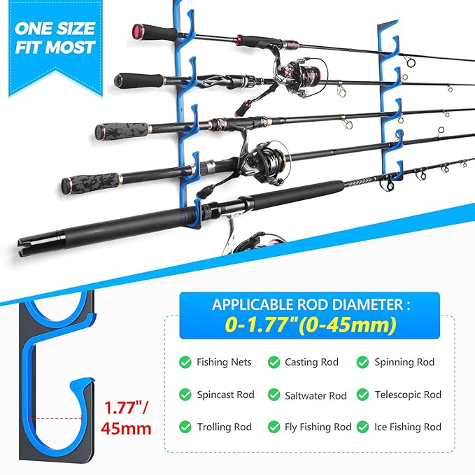 PLUSINNO H5 Horizontal Fishing Rod/Pole Holders for Garage, Wall Ceiling Mounted Fishing Rod Holder, Aviation Aluminum Fishing rod rack Holds up to 5/10/20 Rod or Combos Fishing Gear and Gifts for Men