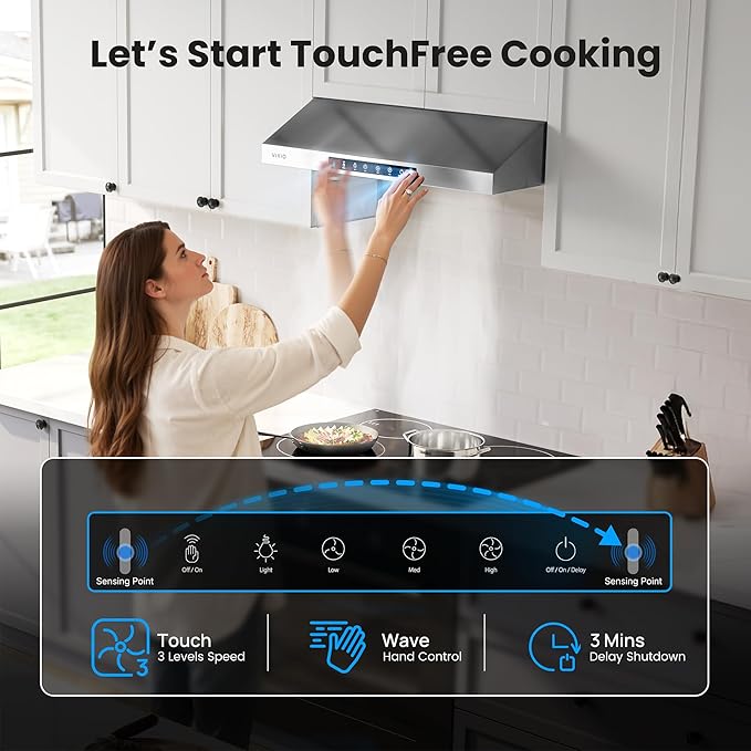 VIKIO HOME 30 Inch Under Cabinet Range Hood, 900CFM Fast Venting Ducted, Kitchen Hood With 3 Speed Gesture Sensing & Touch Control, Stainless Steel Stove Vent Hood With Reusable 5-Layer Baffle Filters
