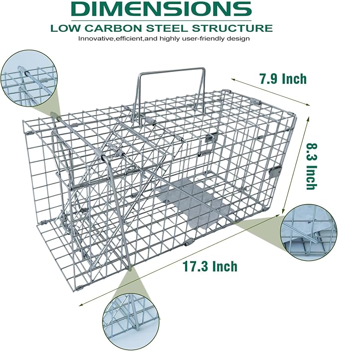 Humane Live Animal Trap for Squirrels, Chipmunks, Rats, Rabbits & Small Cats – Heavy-Duty Steel Mesh Cage for Safe Catch & Release 17.3” x 7.9” x 8.3” (Large（1pack）)