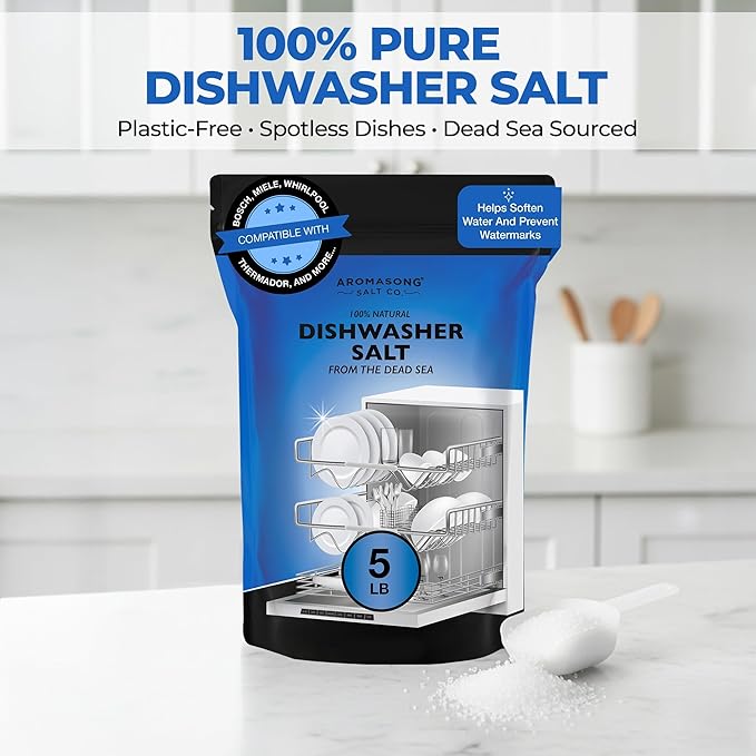 Aromasong Dishwasher Salt 10 LB - 100% Natural Water Softening Agent Compatible with Bosch, Miele, Whirlpool, Thermador and Mor... For Cleaner Dishes & Washer Reactivation (packaging may vary)