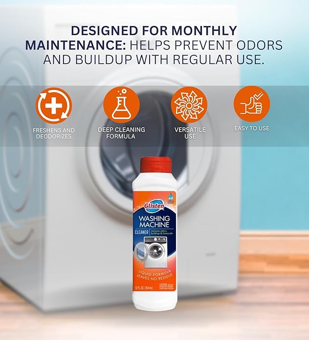 Glisten Washing Machine Cleaner 12 oz Bundle with Microfiber Cloth - Powerful Washer Cleaner for Removing Odor and Mineral Build-Up - Laundry Machine Cleaner - Deodorizes & Freshens - (4 Items)