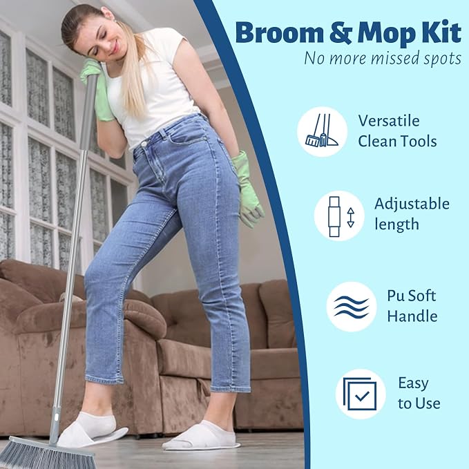 3-in-1 Detachable Broom and Mop Set Combo, Grey | Collapsible Design, Extension Pole, Window Squeegee, For House, RV Camping, Home, Dorm