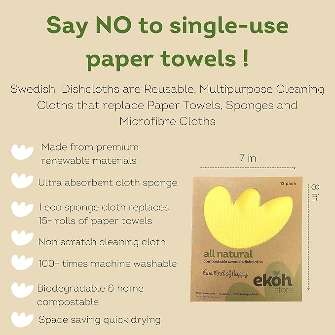 Swedish Dish Cloths Compostable Sponge Cloth 12 Pack | Solid Assorted Happy Colours | Reusable Cleaning Hand Towel Bulk Buy | for Kitchen, Counters & Washing Dishes | Eco-Friendly Cellulose Cotton