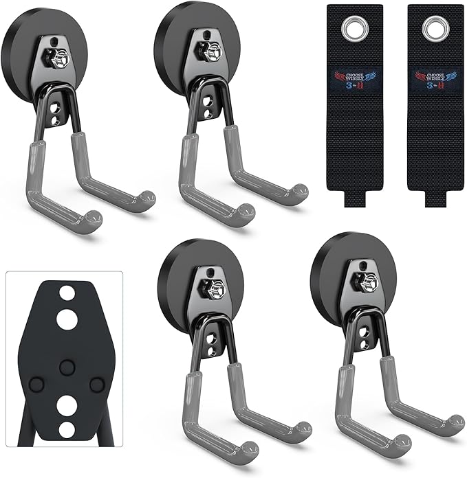 3-H Extra Strong Magnetic Hooks,Heavy Duty Large Anti-Slip Magnet Hooks,No-Drill Tool Holder for Garage,Power Drill,Garden Tools,Hose Storage,4 Pack Gray