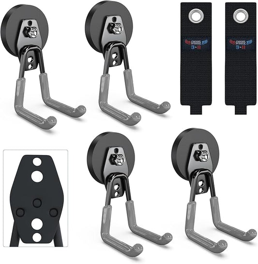 3-H Extra Strong Magnetic Hooks,Heavy Duty Large Anti-Slip Magnet Hooks,No-Drill Tool Holder for Garage,Power Drill,Garden Tools,Hose Storage,4 Pack Gray
