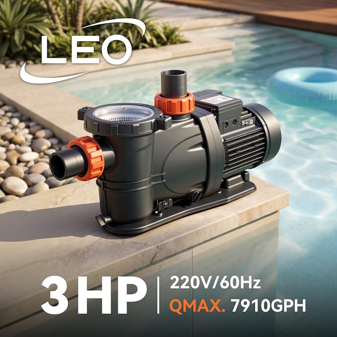 LEO 3HP In/Above Ground Pool Pump High Flow Powerful Self Priming Pool Pump, Single Speed 220V 7910GPH, Light Red