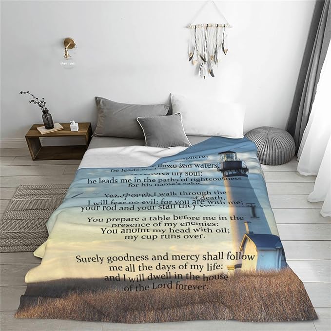 Psalm 23 Blanket Christian Lighthouse Gifts Religious Bible Verse Scripture Throw Blanket Comfy Plush Flannel Fleece Warm Soft Fluffy Fuzzy Blanket for Prayer Women Teens for Bed Sofa Couch 50"X60"