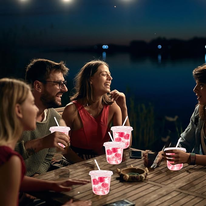 12oz Disposable Stemless Glasses with Flat Lids and Straws,PET Disposable Drinking Cups,Clear Plastic Wine Glasses for Parties Birthday,Wedding,Meeting,Christmas Party Supplies. (100, Pink)