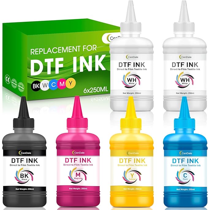 CenDale Premium DTF Ink 1500ML - DTF Transfer Ink for PET Film, Refill DTF Ink for Epson ET-8550, L1800, L800, R2400, P400, P800, XP15000, Heat Transfer Printing Direct to Film (250ml x 6, CMYK Wh)