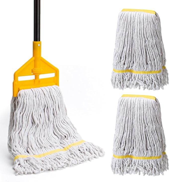 KeFanta Commercial Mop with 3 Extra Large Replacement Heads, 59Inch Handle Heavy Duty Industrial Mops Looped-End String Wet Cotton Mop for Home,Kitchen,Office,Garage,Workshop, Warehouse Floor Cleaning