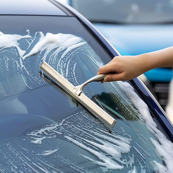 Shower Squeegee for Glass Doors 10 Inches Stainless Steel Squeege for Window and Car, 4 Suctions Shower Mirror