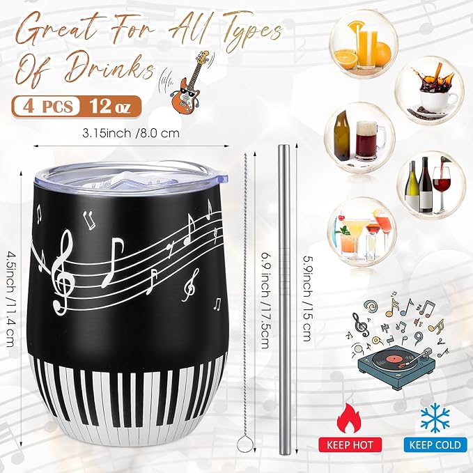 Umigy 4 Pcs Musical Note Tumbler Gifts, 12 oz Stainless Steel Coffee Travel Mug, Vacuum Insulated Tumbler Cup with Gift Box Music Themed Gift for Music Lovers Birthday Graduation Party Supplies