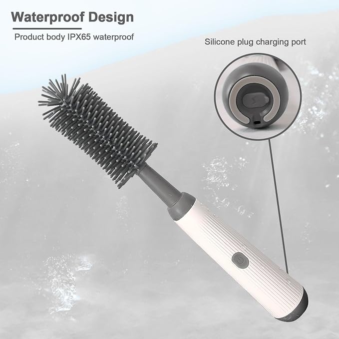 Electric Bottle Brush Set with Electric Bottle Brush Cleaner, 3 Replaceable Baby Bottle Brushes and Extension Handle. Silicone Bottle Brush, Waterproof, Perfect Baby Essentials(Grey)