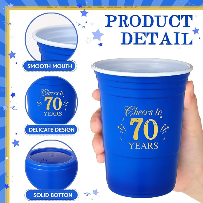 Ziliny 50 Pack 70th Birthday Cups 16 oz Cheers to 70 Years Disposable Plastic Cups Gold and Blue Birthday Party Hot Cold Drinks Tool for Party Wedding Anniversary Supplies Decorations