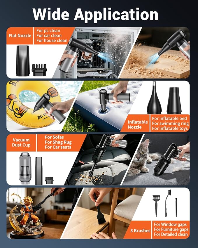 Compressed Air Duster, 3-in-1 Electric Duster & Vacuum, Air Duster Rechargeable- Brushless Motor, 3-Speed Adjustable Dust Blower for Keyboard, Computer, Car, Home, Outdoor