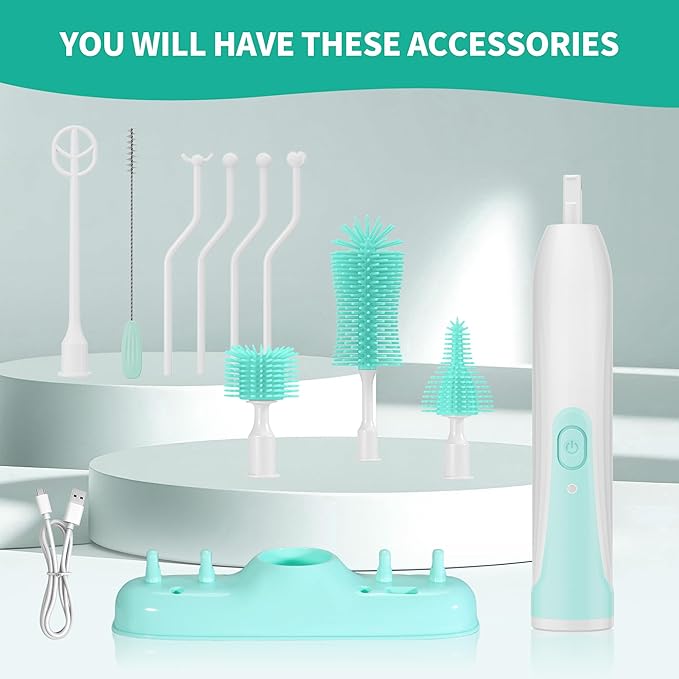 Electric Bottle Brush Cleaner,Rechargable Electric Baby Bottle Brush Cleaner,Travel Bottle Cleaner Kit with Silicone Bottle Brush,Straw Cleaner,Nipple Brush,Bottleneck Brush,Green