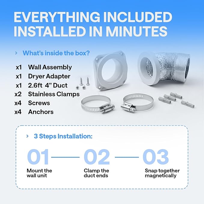 Magnetic Dryer Vent Kit for Tight Spaces - Self-Aligning Mag-Snap Connector, Heat Resistant & Flame Retardant ABS, Airtight Seal, Includes 4" x 2.6ft Flexible Duct & Clamps