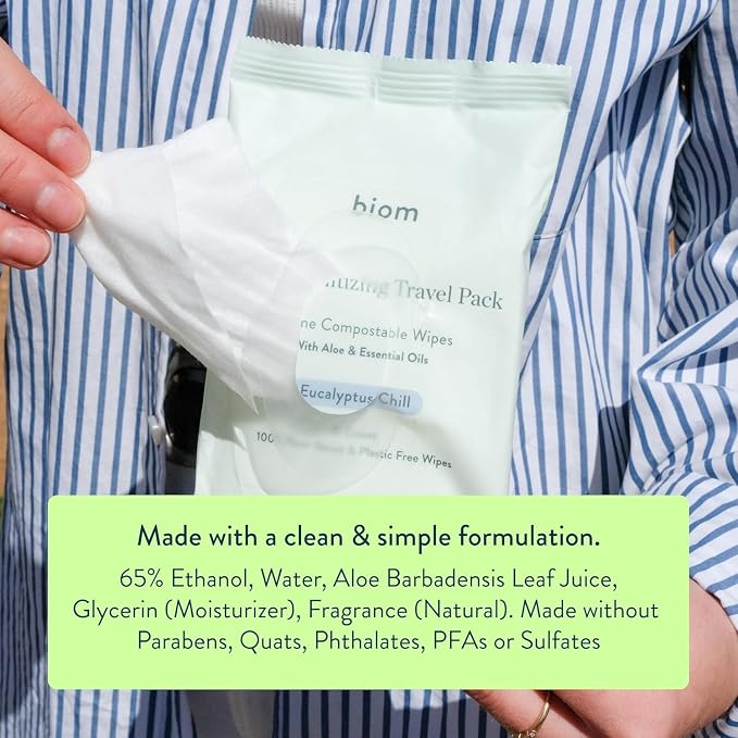 Biom Hand Sanitizing Wipes - Travel Size 24 pack(480 Wipes) 65% Ethanol Alcohol, Kills 99.9% of Germs, Removes Dirt & Grime, Made of Plant-Based & Plastic Free Fibers, Hypoallergenic -Eucalyptus Chill