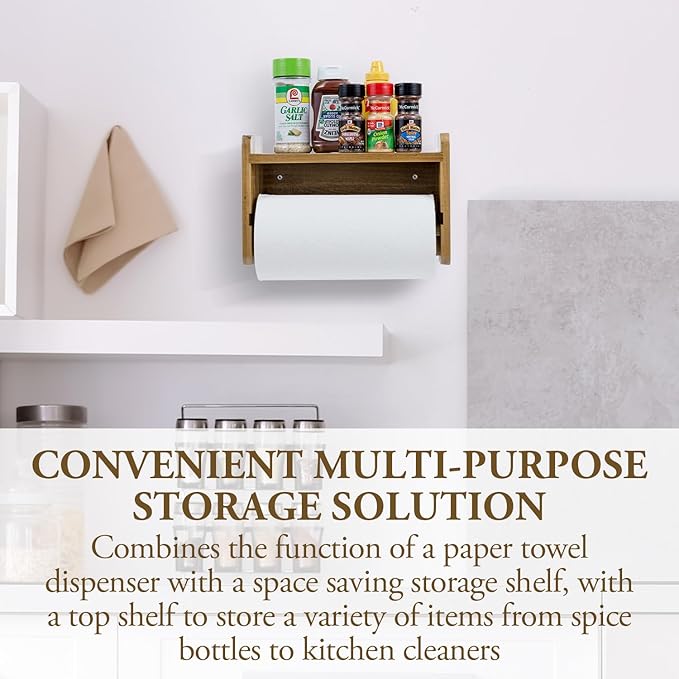 MyGift Hanging Paper Towel Roll Holder, Premium Acacia Solid Wood Farmhouse Wall Mounted Kitchen Napkin Dispenser Rack with Top Storage Shelf Spice Racks