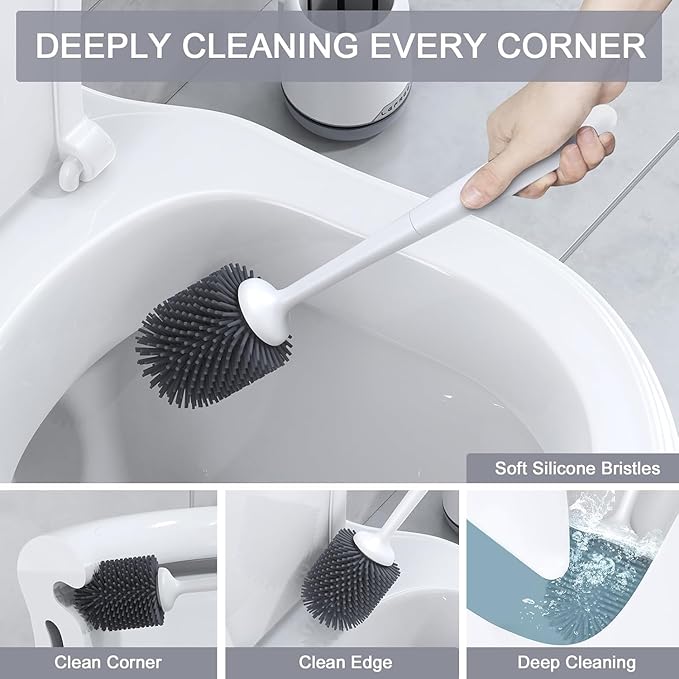 efree 2 Pack Silicone Toilet Bowl Brush and Holder Set with Ventilated Holder, Floor Standing & Wall Mounted Toilet Scrubber