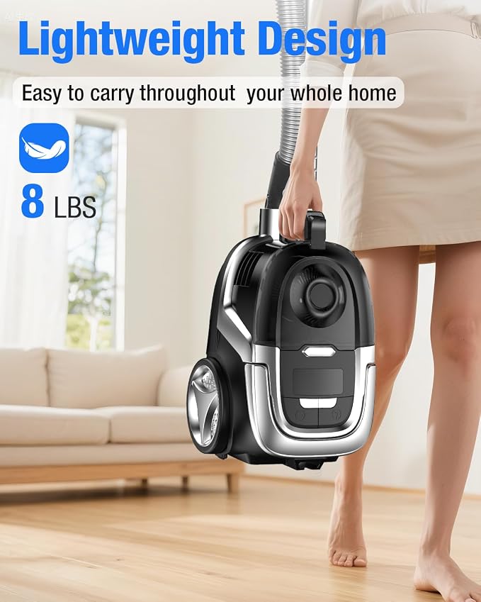 Zefiro Max 1600W Bagless Canister Vacuum Cleaner, 40kPa Powerful Suction for Pet Hair, Hard Floors & Carpets, Lightweight with HEPA Filter, Auto Cord Rewind & Large Capacity for Home & Apartments