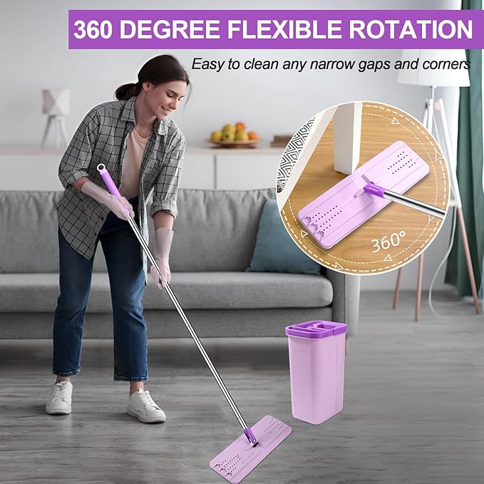 BOSHENG Mop and Bucket with Wringer Set, Hands Free Flat Floor Mop and Bucket, 5 Washable Microfiber Pads Included, Wet and Dry Use, Home Floor Cleaning System for All Floor Types and Windows,Purple