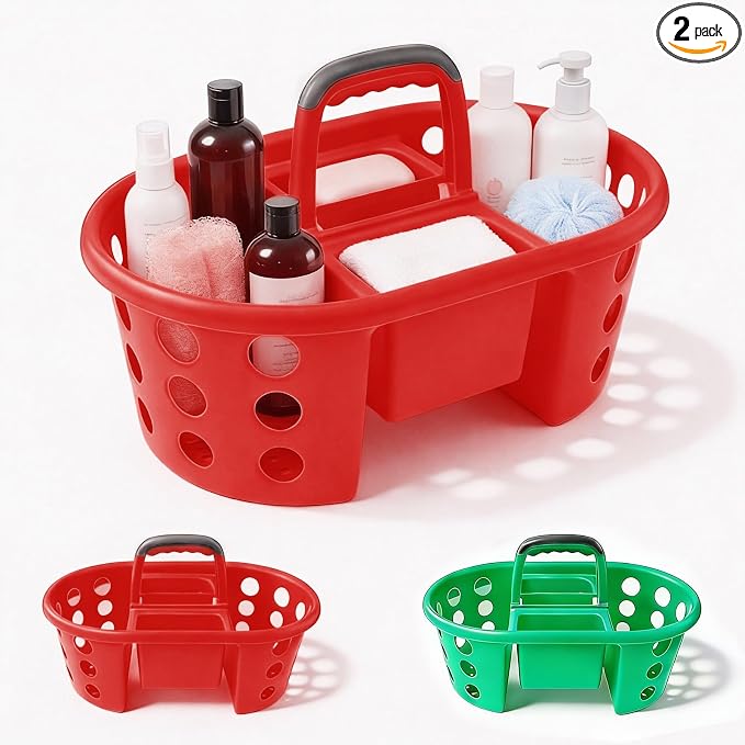SIMPLYKLEEN Large Shower Caddy Portable 2PC - Made in USA Plastic Jumbo Size Dorm Storage Candy Tote with Handle Shower Organizer for Bathroom, Pantry, Kitchen, College Dorm, Green/Red